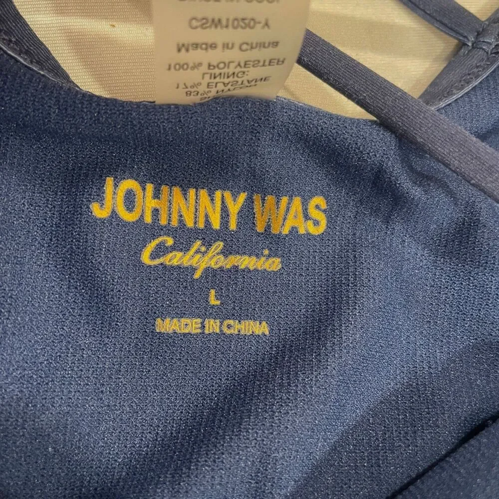 ~ Johnny Was Lg Swimsuit 1-Piece Navy Floral Tank Lace-Back Strappy Large 10/12 - Picture 13 of 16